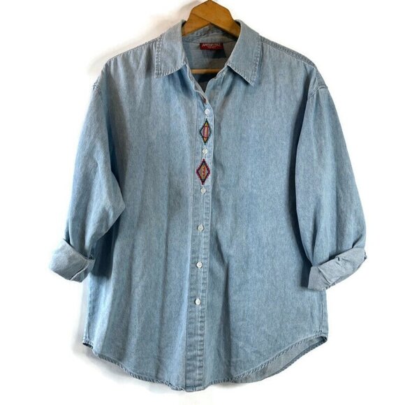 VTG American Eagle Outfitters Womens Denim Shirt Top Size Large Button Up Aztec - Picture 1 of 10